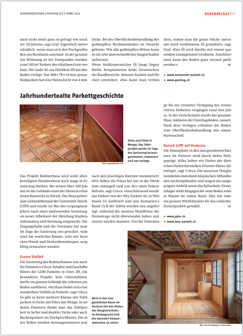 Neuer Artikel in der Schreiner Zeitung: Sanierung des Parkettes beim Bodmerhaus in Zürich