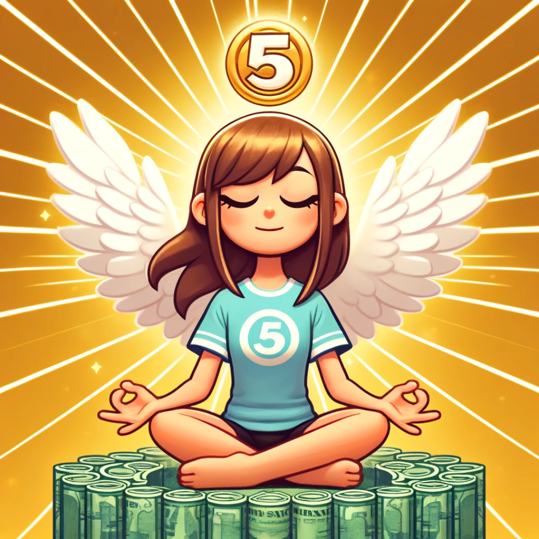 Zeichung im Comicstil zeigt eine junge Person, die im Schneidersitz mit geschlossenen Augen meditiert. Sie sietzt dabei auf einem großen Stapel Geld.