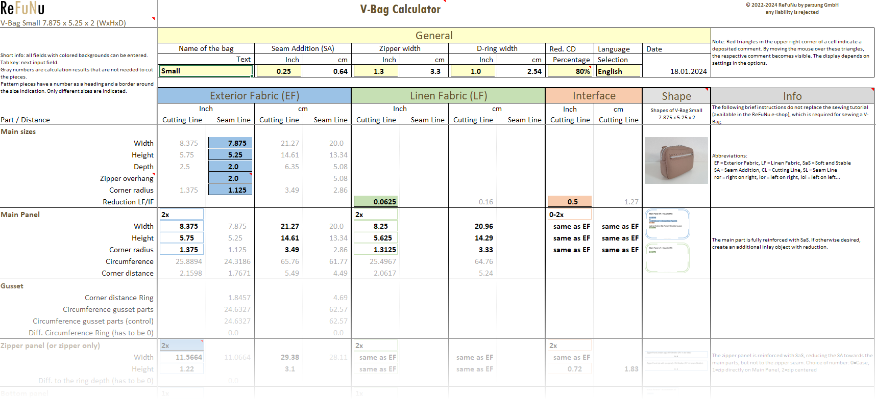 Calculate every V-Bag size!