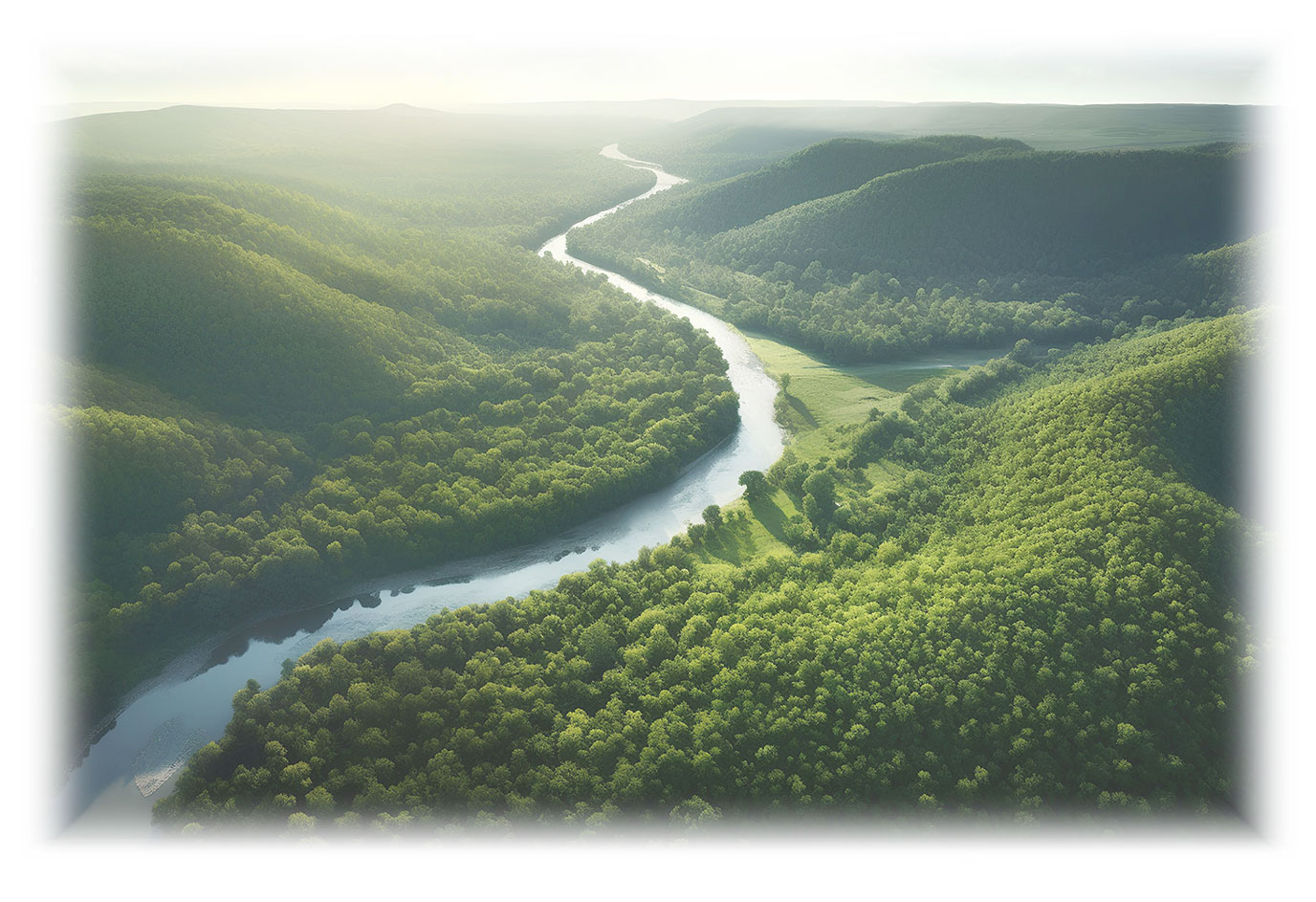 Ein schlängelnder Fluss in einer grünen Waldlandschaft. Es versinnbildlicht Deinen Lebensfluss.