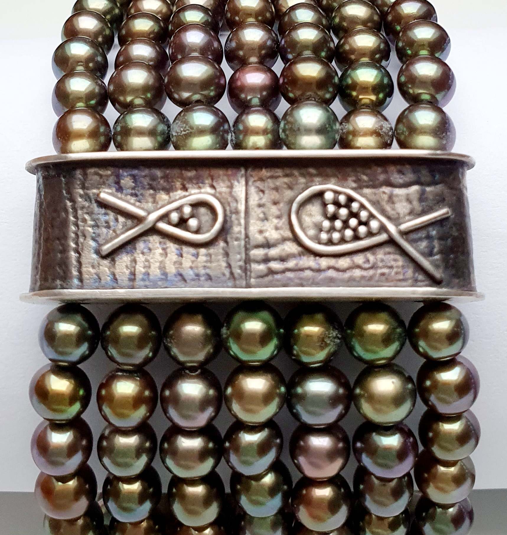 SW Perlen mit Silber 925 Zwischenteilen, Fisch-Deco granuliert