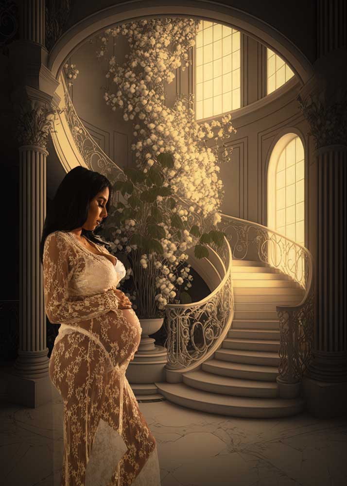 schwangerschaft-fotoshooting im treppenhaus -transparentes kleid umgarnt babybauch