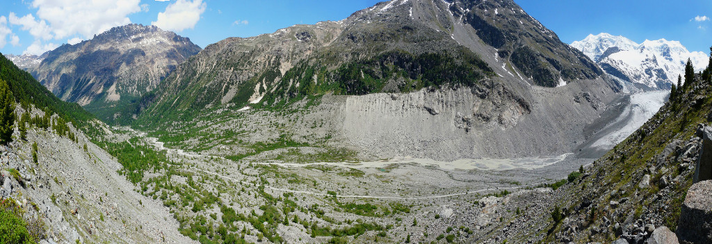Blick von der Seitenmöräne auf das Gletschervorfeld des Morteratschgletschers. © Thomas Kssling